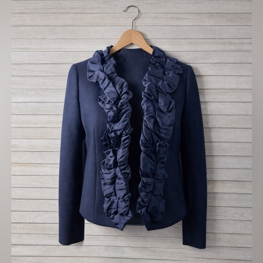 J. Crew Navy Ruffle Blazer Feminine Career Chic Statement Jacket Size 0